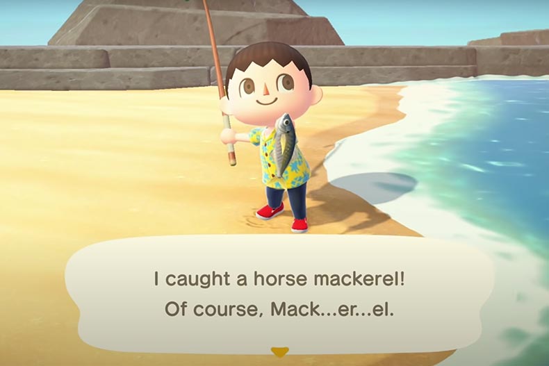 An Animal Crossing character catching a fish in the game Animal Crossing: New Horizons.