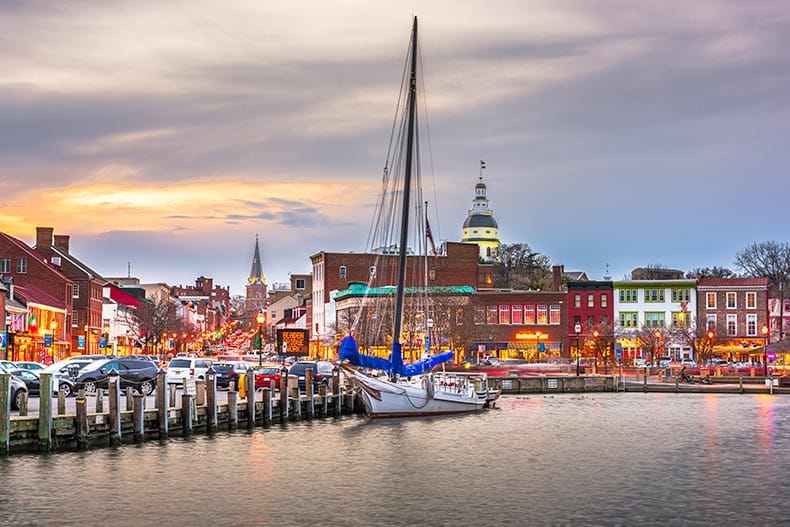 The Annapolis Harbor at dusk in Annapolis, Maryland.