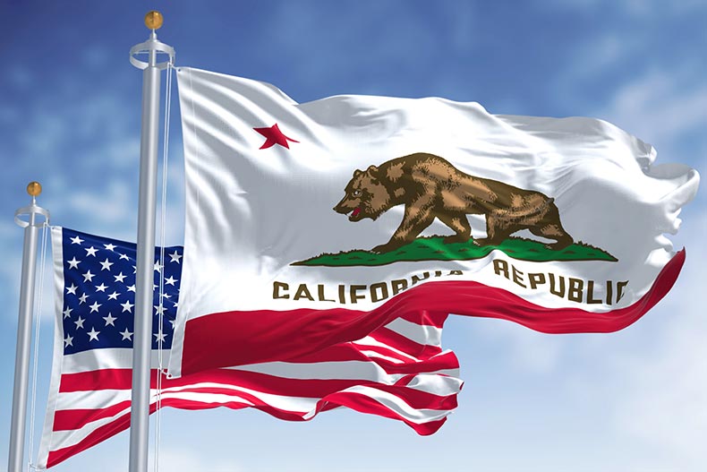 The California state flag flying along with the national flag of the United States of America.