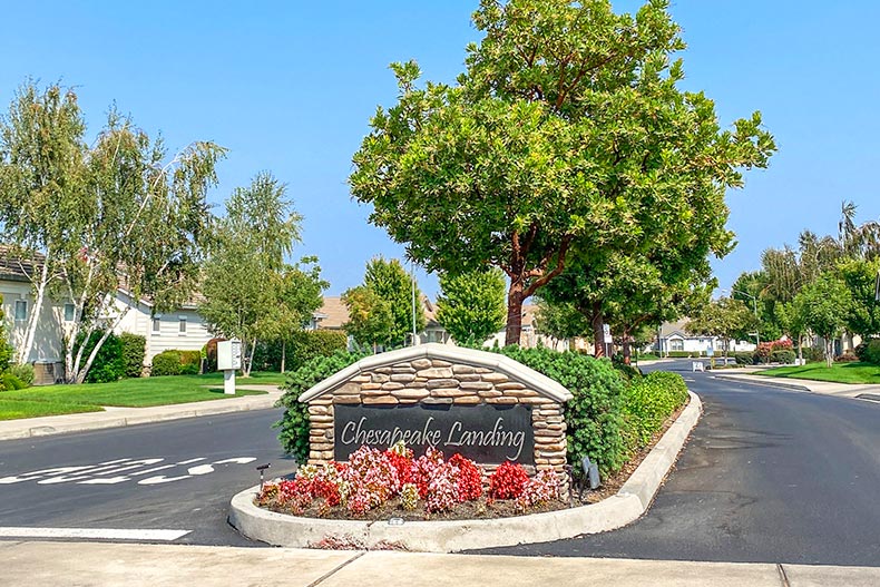 The community sign at the entrance of Chesapeake Landing in Ripon, California.