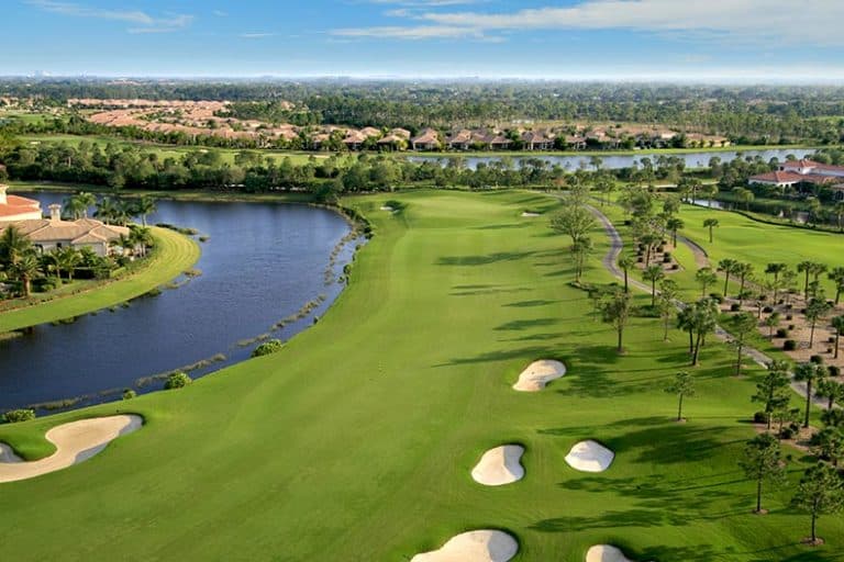 Aerial view of a golf course in Florida on a sunny day.