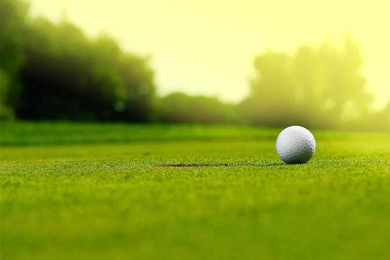 A golf ball beside a hole on a golf course.