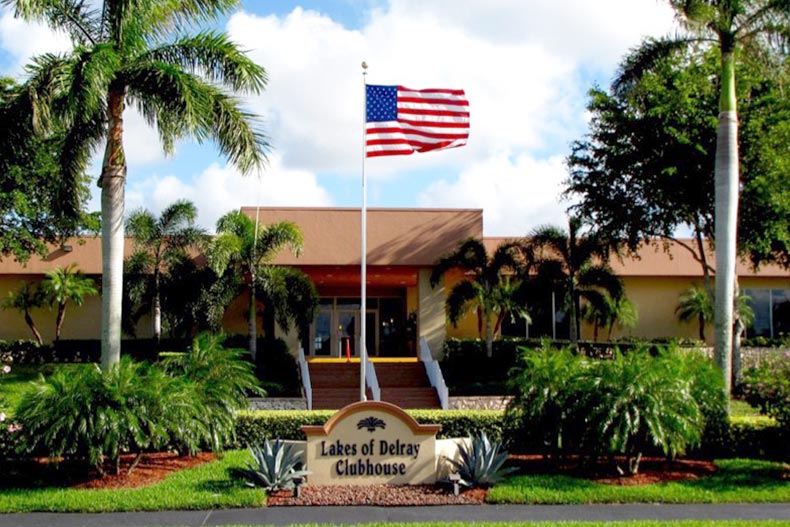 Exterior view of the clubhouse at Lakes of Delray in Delray Beach, Florida.