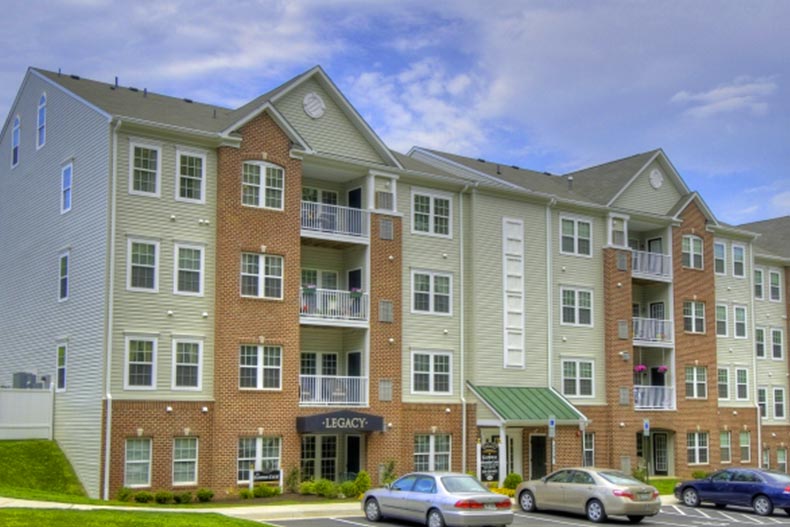 Exterior view of the condo buildings at Legacy at Cherry Tree in Laurel, Maryland.