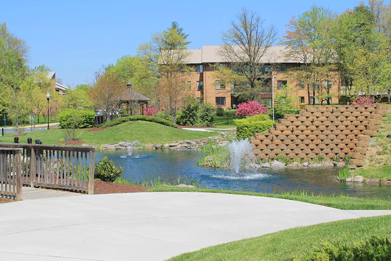 A picturesque pond and greenery on the grounds of Leisure World of Maryland in Silver Spring, Maryland.