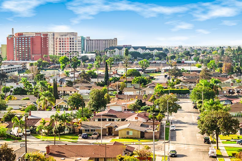 Panoramic view of a neighborhood in Anaheim, Orange County, California.