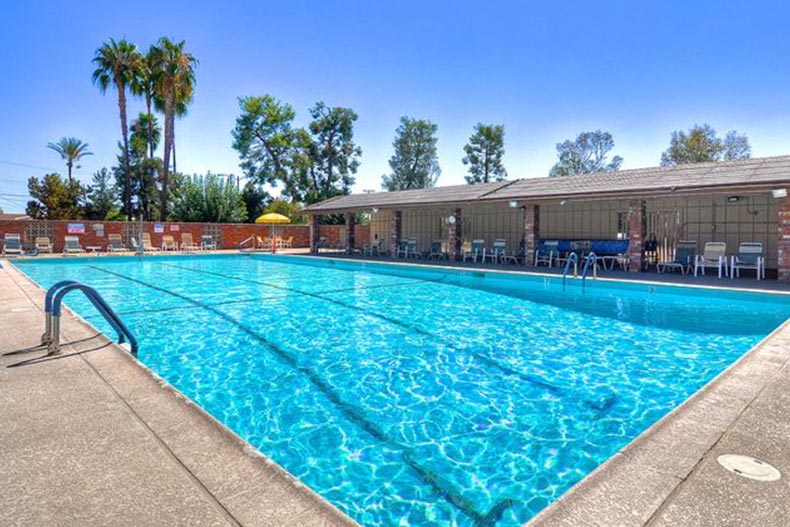 Lounge chairs surrounding the outdoor pool at Sun City in Menifee, California.