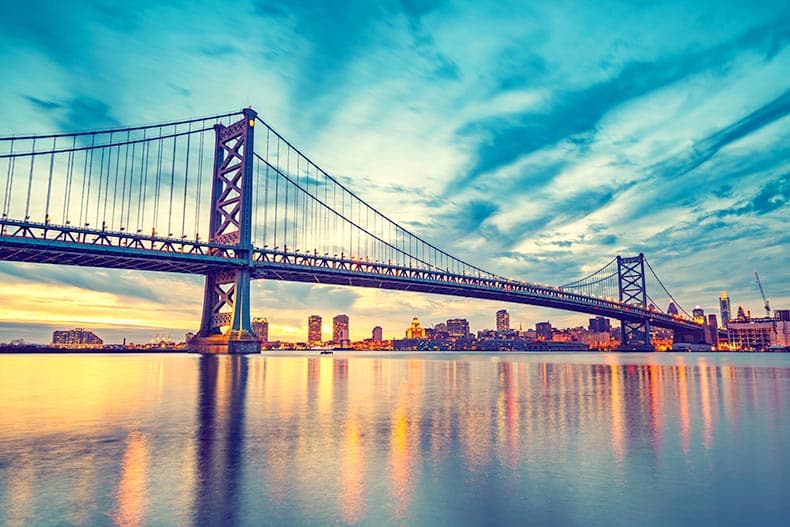 The Ben Franklin Bridge in Philadelphia at sunset.