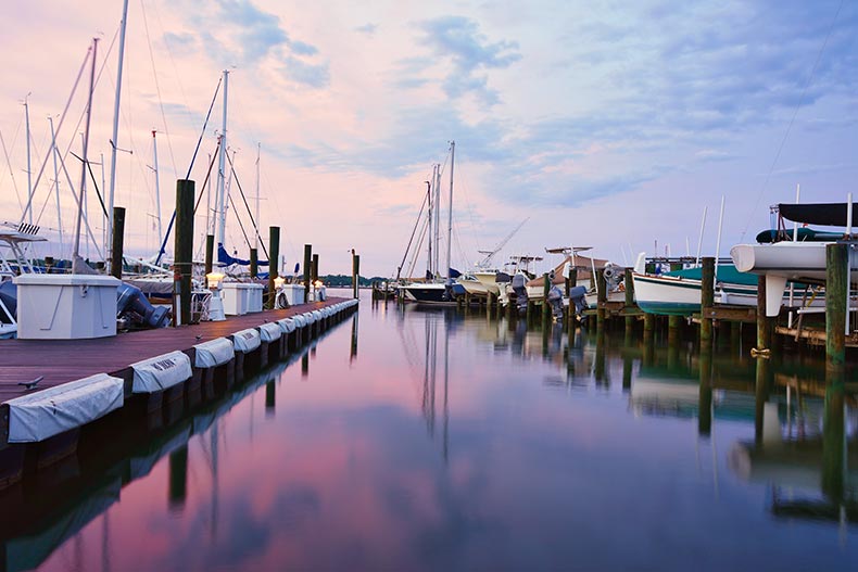 Boats in the marina at sunset in Annapolis, Maryland on the Chesapeake Bay.