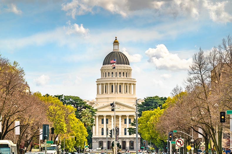 Exterior view of the California State Capitol Building in Sacramento.