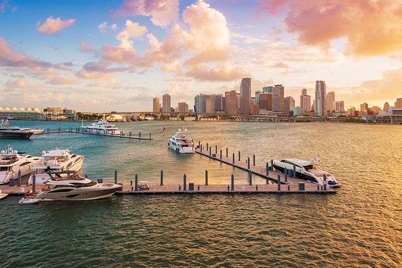 Downtown Miami and the port seen from the MacArthur Causeway at sunset.