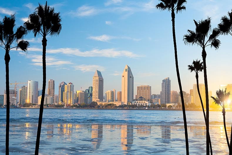 The Downtown San Diego skyline in California at sunset.