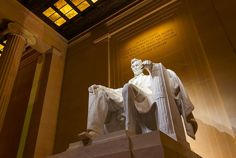 The Lincoln Memorial illuminated at night in Washington, DC.