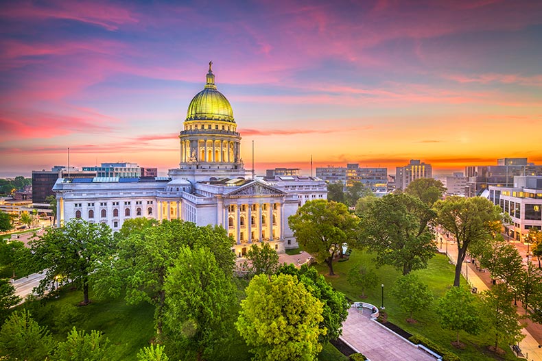 The state capitol building at dusk in Madison, Wisconsin.