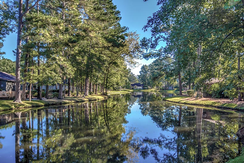 A picturesque pond on the grounds of Myrtle Trace in Conway, South Carolina.