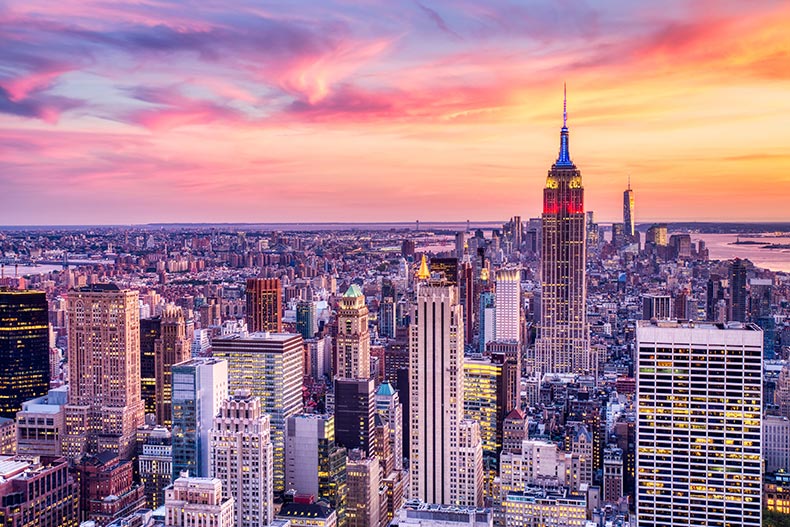 Aerial view of New York City, New York at sunset.