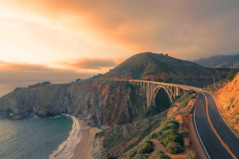 A scenic view of the Pacific Coast Highway and the Bixby Creek Bridge in California.