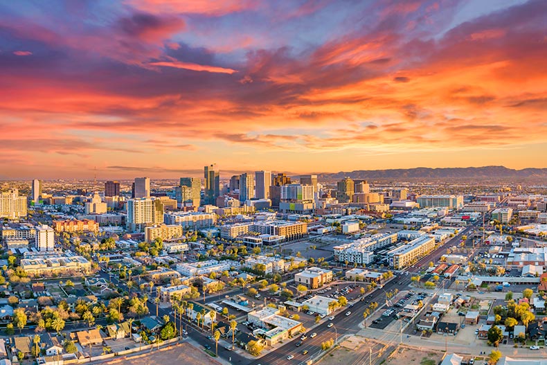 Aerial view of Downtown Phoenix, Arizona at sunset.