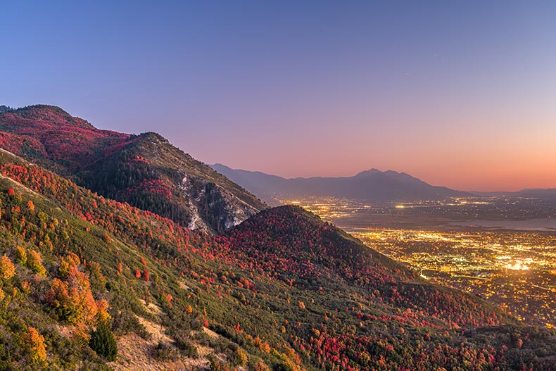 View of Downtown Provo, Utah during autumn at dusk.