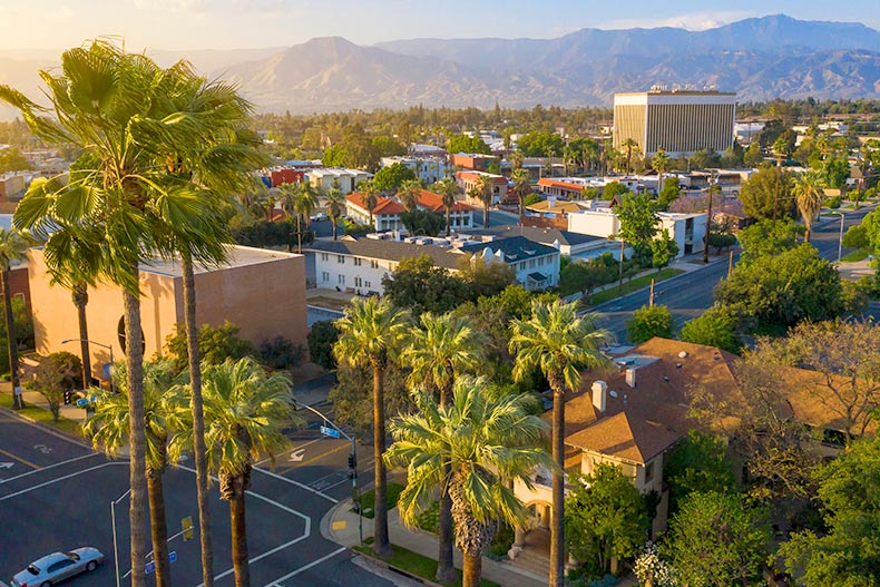 Aerial sunset view of the historic downtown area of Redlands, California.