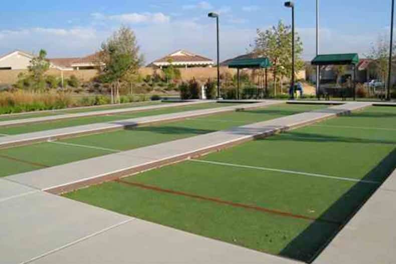 The outdoor bocce ball courts at Solera at Oak Valley Greens in Beaumont, California.