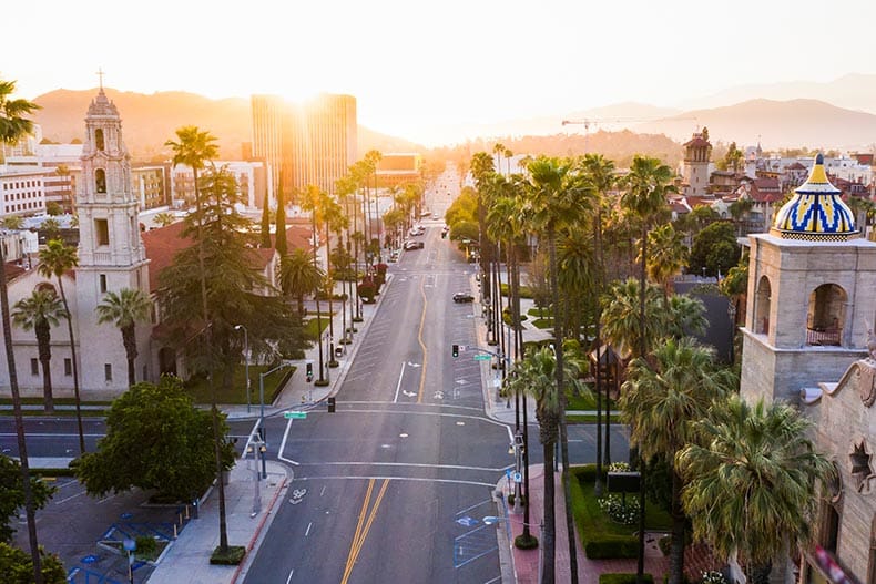 Sunset aerial view of historic downtown Riverside, California.