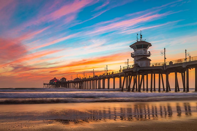 A sunset over Huntington Beach Pier in California.