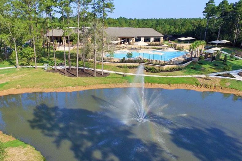 A water feature in a pond beside the clubhouse at Bonterra at Woodforest in Montgomery, Texas.