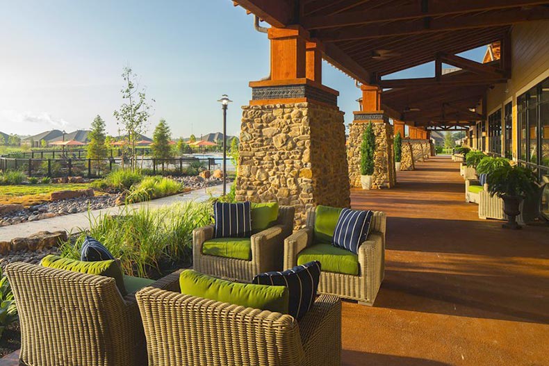 The outdoor patio space at Del Webb Sweetgrass in Richmond, Texas.