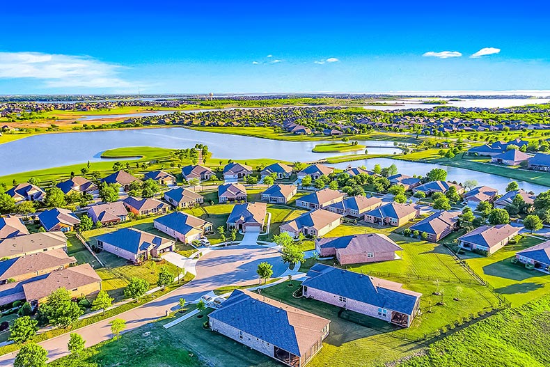 Aerial view of Frisco Lakes in Frisco, Texas on a sunny day.