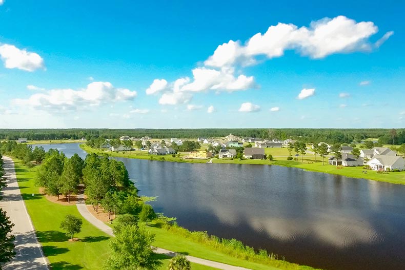 Aerial view of homes beside a lake at Hilton Head Lakes in Hardeeville, South Carolina.