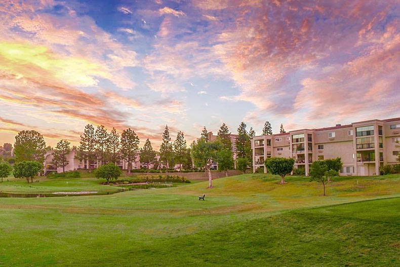 A colorful sunset over the community grounds of Laguna Woods Village in Laguna Woods, California.