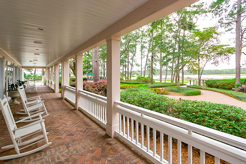 Rocking chairs on a porch at Sun City Hilton Head in Bluffton, South Carolina.