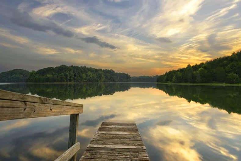A dock on a lake at Trilogy at Lake Frederick in Lake Frederick, Virginia.