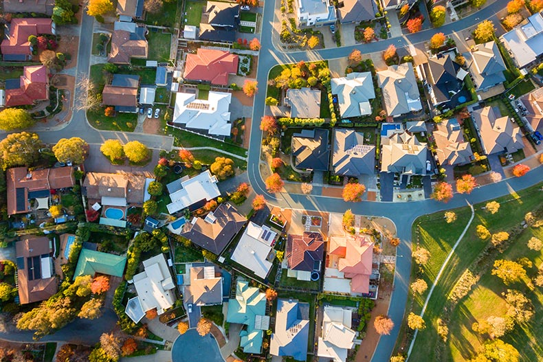 Aerial view of a typical suburb.