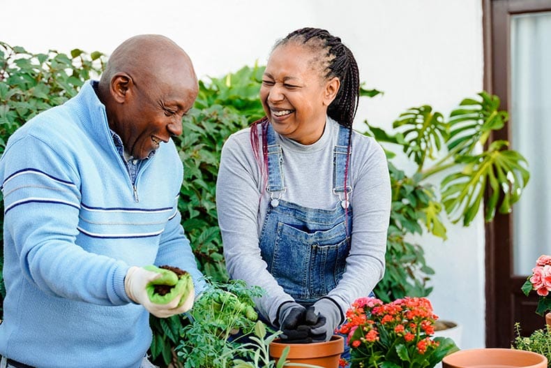 A 55+ couple smiling while gardening in their backyard.