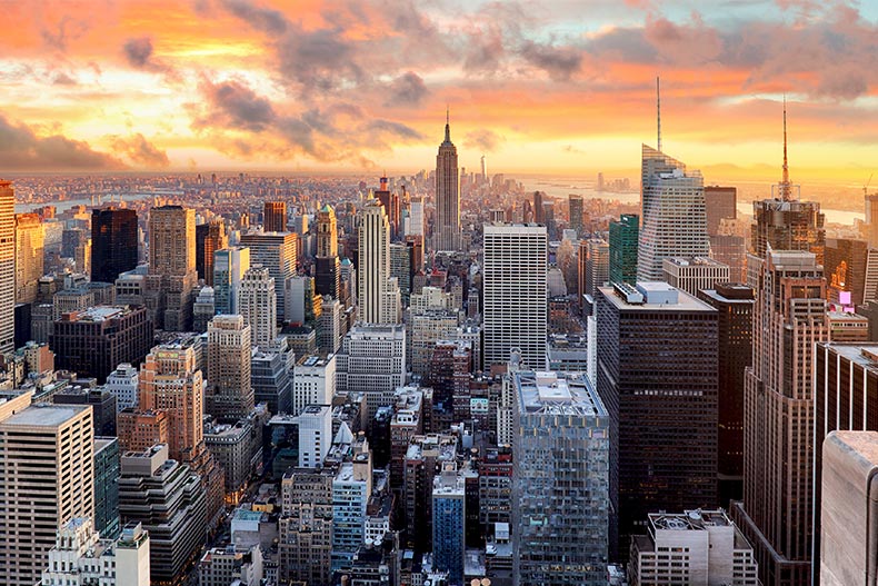 Aerial view of New York City at sunset.