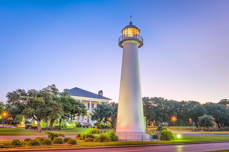 The lighthouse at dusk in Biloxi, Mississippi.