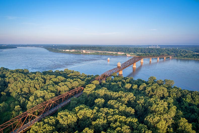 Aerial view from Illinois of the old Chain of Rocks Bridge over Mississippi River near St Louis.