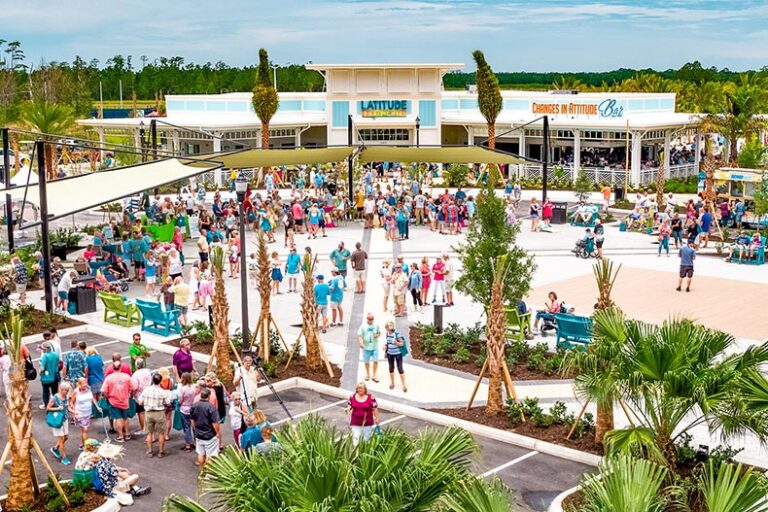 Aerial view of residents socializing outside at Latitude Margaritaville in Daytona Beach, Florida.