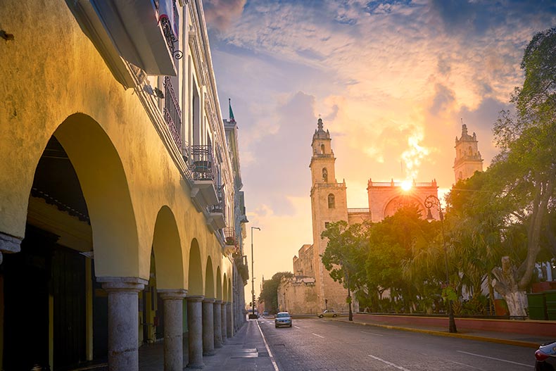 Merida San Idefonso cathedral at sunrise in Yucatan, Mexico.