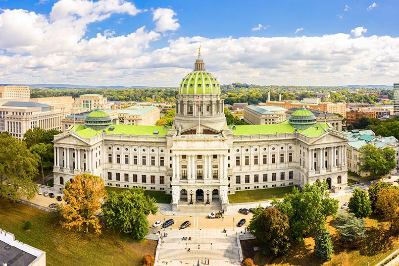 Aerial view of the Pennsylvania State Capitol building in Harrisburg.