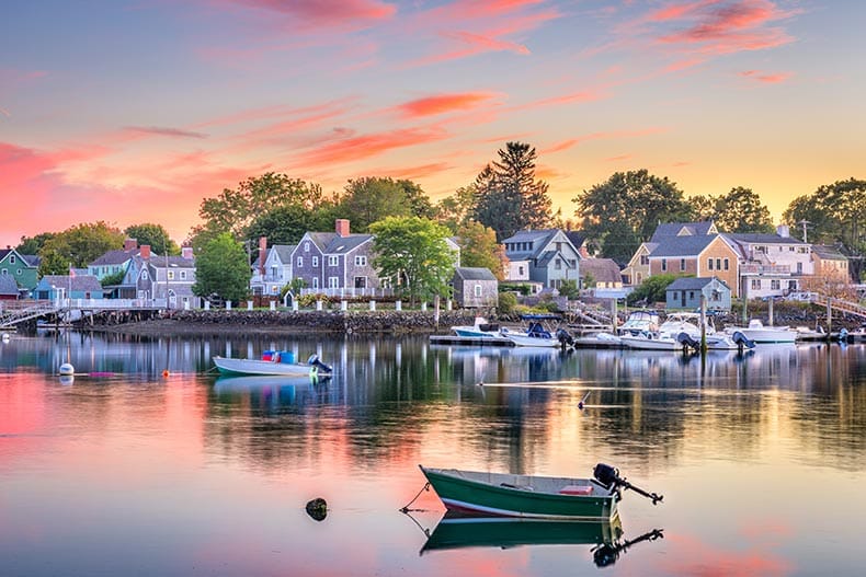 View across the water of Portsmouth, New Hampshire at dawn.
