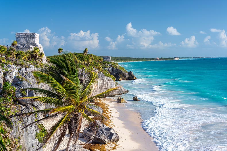 The ruins of Tulum in Mexico overlooking the Caribbean Sea in the Riviera Maya.