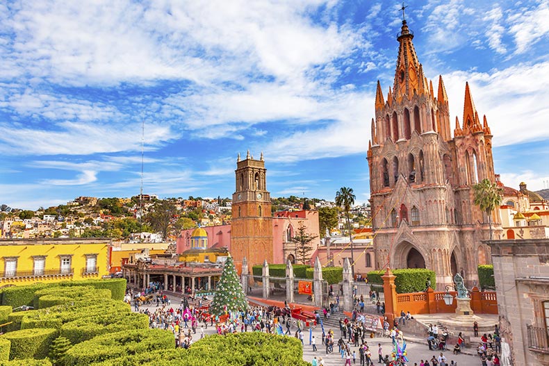 The Parroquia Archangel church and Jardin Town Square in San Miguel de Allende, Mexico.