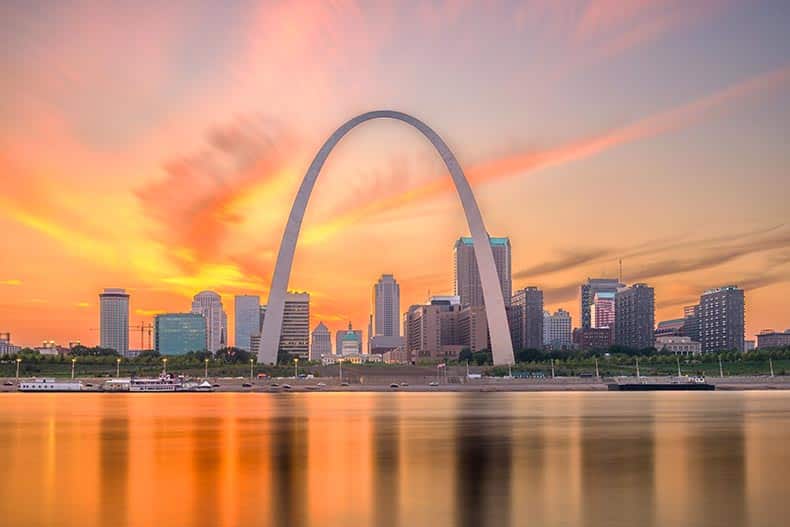 View of the downtown cityscape of St. Louis, Missouri from across the river at dusk.