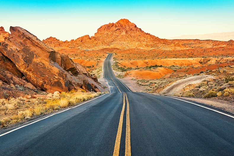 An empty road through the Valley of Fire State Park in Nevada.