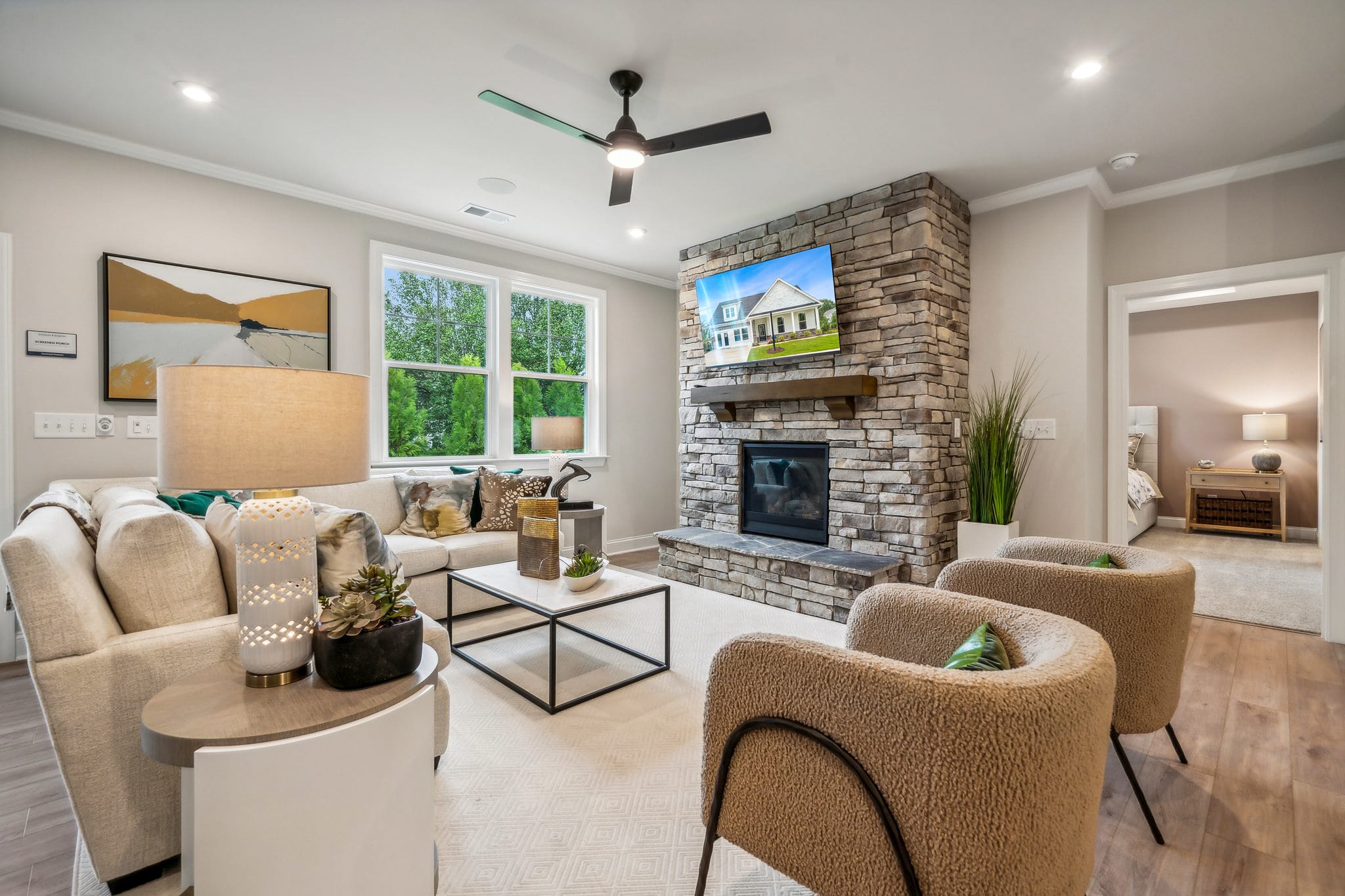 Model Living Area and Fireplace