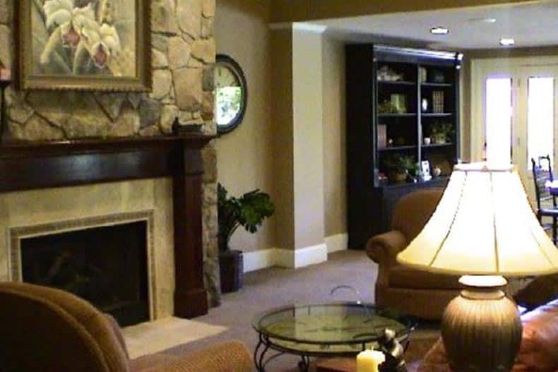 Interior view of the fireside lounge at Biltmore Lake in Asheville, North Carolina.