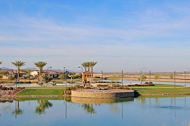 The community grounds on a sunny day at CantaMia at Estrella in Goodyear, Arizona.